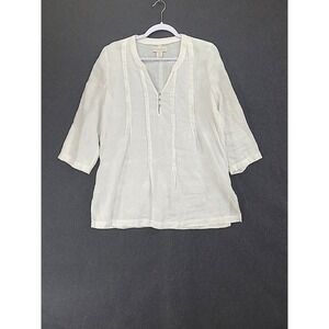 Cynthia Rowley Linen Tunic Top Pintuck Pleats Embroidered Flowers Sz M Roll Tab